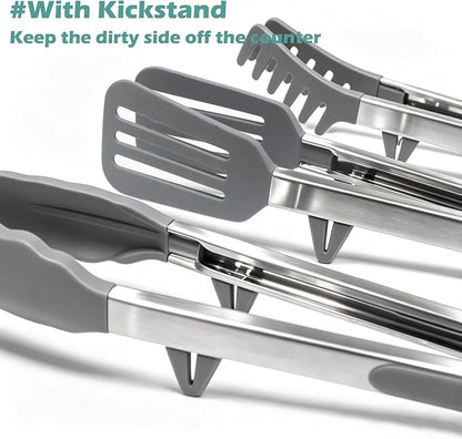 Tongs for Cooking, 12" Kitchen Tongs with Silicone Tips, Food Grade Serving Tongs Set of 3, Grey - Image 2