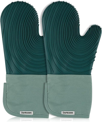 Silicone Oven Mitt Pack,Cotton Lined Gloves, BPA-Free, Long Cooking Mitts and Trivet Mats, Silicone Grilling Gloves for BBQ, 2 Pieces, (Green) by Dorkuovahome