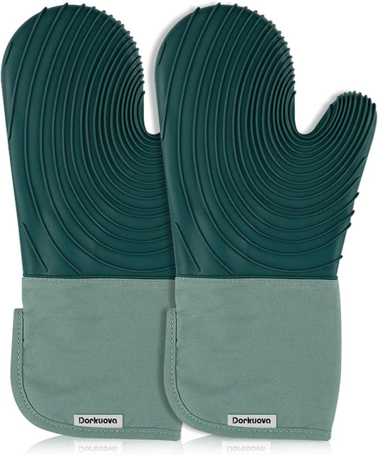 Silicone Oven Mitt Pack,Cotton Lined Gloves, BPA-Free, Long Cooking Mitts and Trivet Mats, Silicone Grilling Gloves for BBQ, 2 Pieces, (Green) by Dorkuovahome