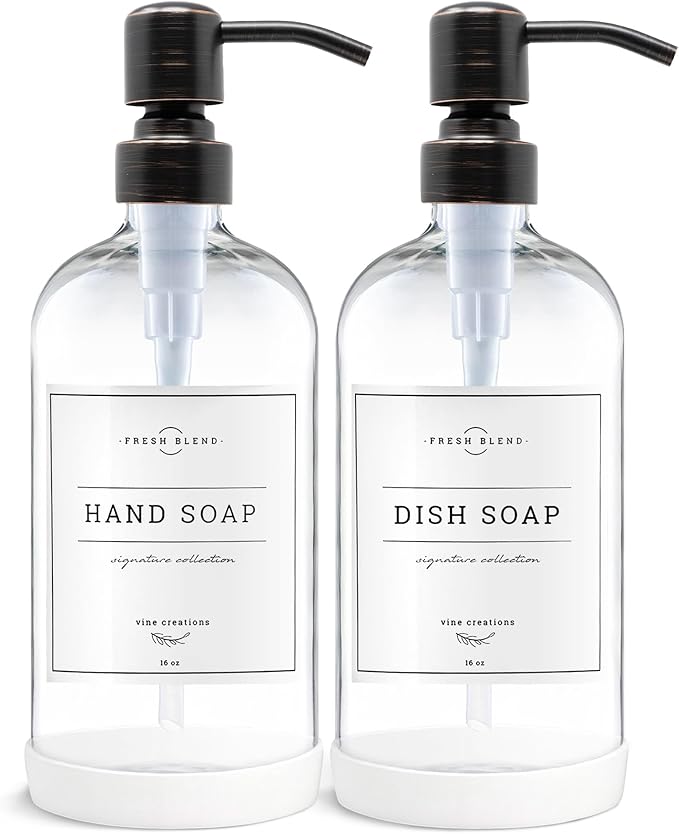 Vine Creations Clear Glass Soap Dispenser, 2 Pack Kitchen Soap Dispenser Set with Stainless Steel Pump, 16 oz Dish Soap and Hand Soap Dispensers for Bathroom with Waterproof Labels by VineCreations