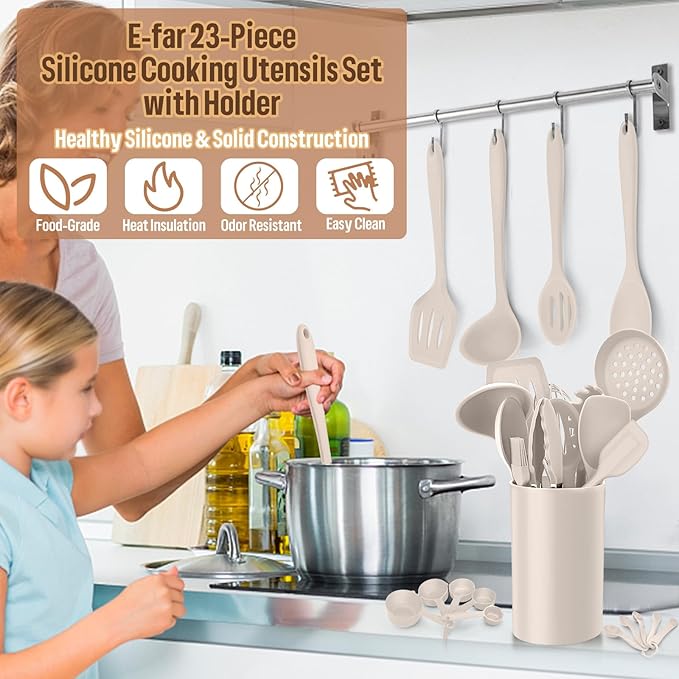 Silicone Kitchen Utensils Set, E-far 23 Pcs Khaki Cooking Utensils Tools with Holder for Nonstick Cookware, Include Spatula/Spoon/Ladle/Tongs/Turner, Heat Resistant & Nontoxic, Dishwasher Safe - Image 6