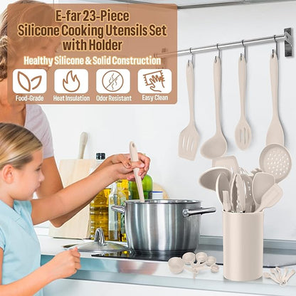 Silicone Kitchen Utensils Set, E-far 23 Pcs Khaki Cooking Utensils Tools with Holder for Nonstick Cookware, Include Spatula/Spoon/Ladle/Tongs/Turner, Heat Resistant & Nontoxic, Dishwasher Safe - Image 6