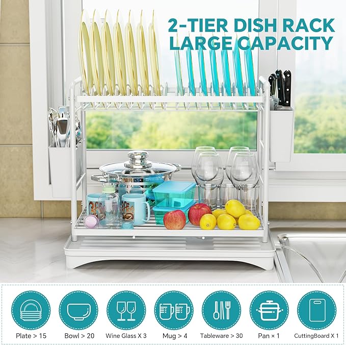 Simple Trending Dish Drying Rack, 2-Tier Dish Rack for Kitchen Counter, Large Dish Drainers Sink Organizers and Storage, White - Image 3