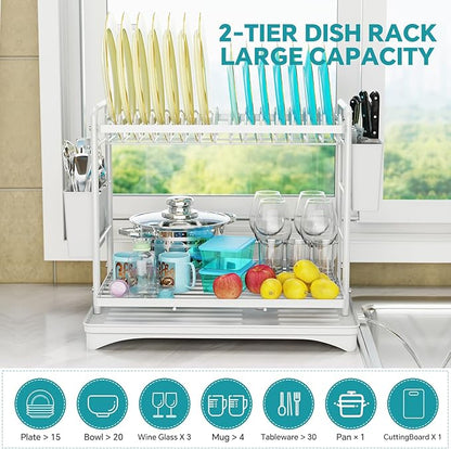 Simple Trending Dish Drying Rack, 2-Tier Dish Rack for Kitchen Counter, Large Dish Drainers Sink Organizers and Storage, White - Image 3