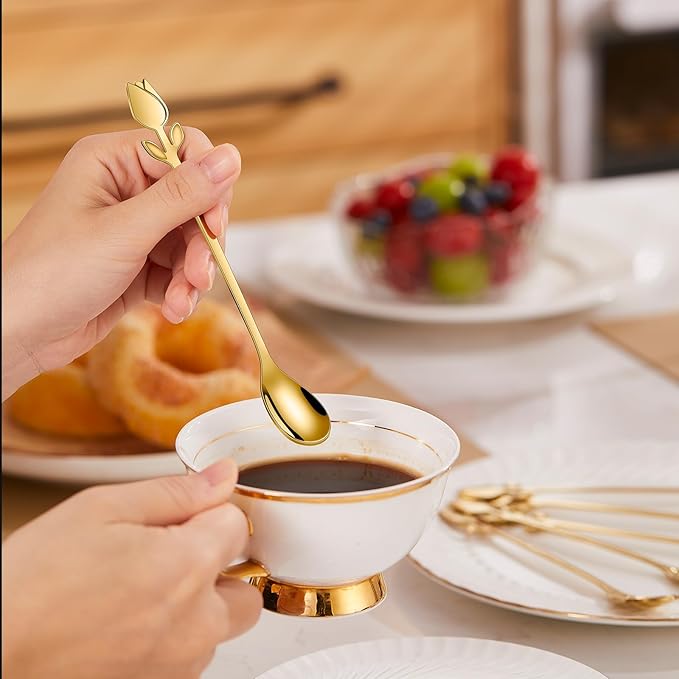 Gold Tulip/Rose Handle 12-Pcs Mini Coffee Spoons Set - 6" Stainless Steel for Espresso, Tea, Dessert - Ideal for Demitasse & Small Servings - Image 8