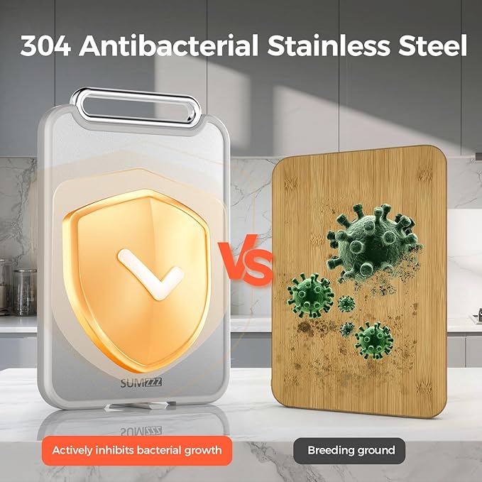 Sumzzz 2-in-1 Stainless Steel Cutting Board, Double-Sided for Raw Meat & Vegetables, Dishwasher Safe, Easy to Clean, Non-Slip Large Chopping Board with Juice Groove, Ideal for Home Kitchen (16”×11”) - Image 4