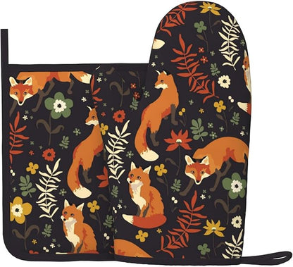 Fox Silicone Oven Mitts Pan Mats Set of 2, Heat Resistant Gloves Potholder with Non-Slip Grips Hanging Loops Pot Holder, Spring Summer for Chef Cooking, Baking, Grilling, BBQ