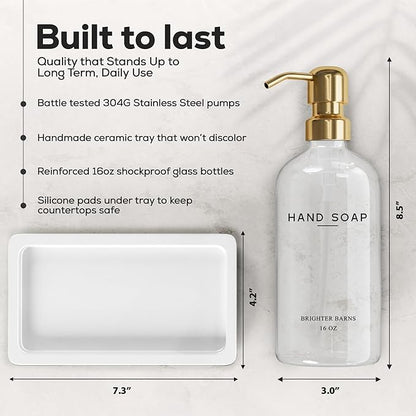 Luxury Glass Hand and Dish Soap Dispenser Set by Brighter Barns - Gold Kitchen Soap Dispenser Set with Stainless Steel Pumps and Ceramic Tray - Modern Kitchen Decor for Home, Airbnb, Gift (Clear/Gold) - Image 3