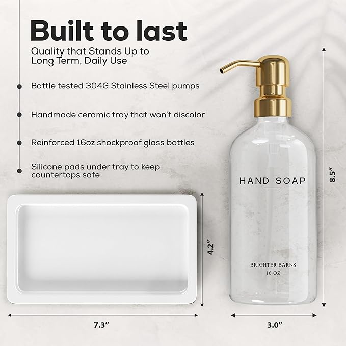 Luxury Glass Soap Dispenser Bathroom Set by Brighter Barns - Refillable Liquid Hand Soap and Lotion Dispenser Set with Tray and Pump - Gold Bathroom Decor for Guest House, Modern Airbnb (Clear/Gold) - Image 3