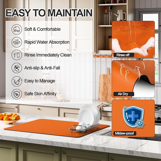 Ecotrim - Dish Drying Mat for Kitchen Counter | Coffee Bar Mat for Countertops | Heat Resistant Drainer Mat with Non-slip Rubber Backed | Hide Stain Kitchen Absorbent Draining Mat | Orange 18"x28" - Image 3