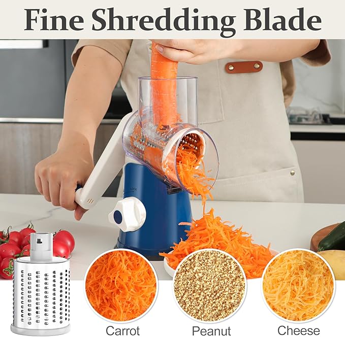 Cambom Rotary Cheese Grater Hand Crank Cheese Shredder for Fresh Cheese, Vegetable, Nuts, Non-slip Suction Base,Five Blades, Deep Blue - Image 5