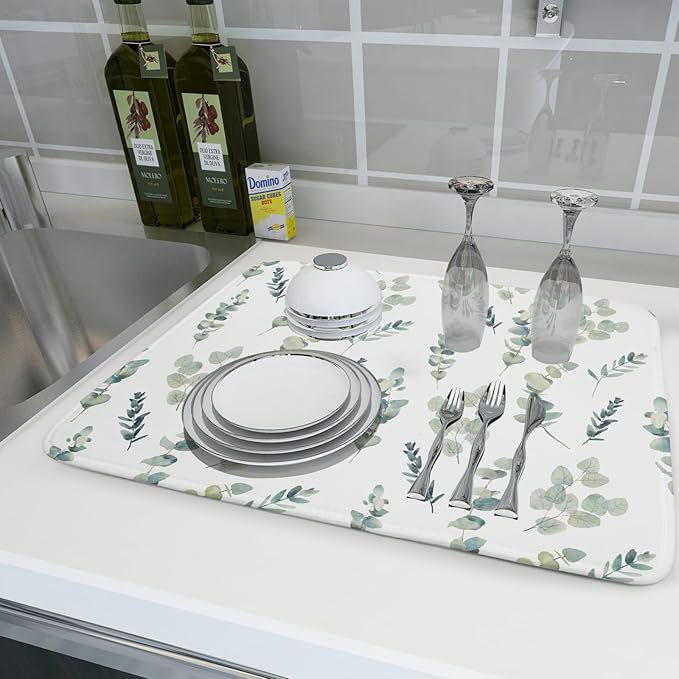 Eucalyptus Leaf Dish Drying Mat for Kitchen Counter Spring Summer Seasonal Microfiber Absorbent Dish Draining Reusable Washable Foldable Extra Large 18"x24" - Image 6