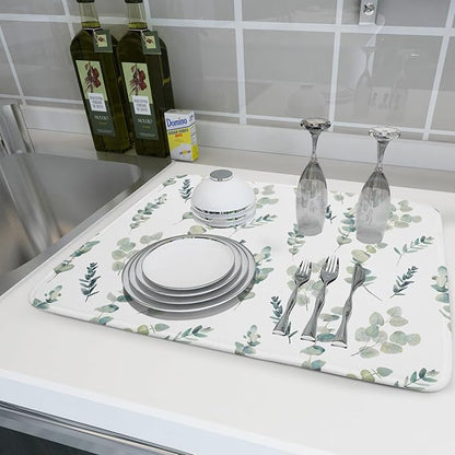 Eucalyptus Leaf Dish Drying Mat for Kitchen Counter Spring Summer Seasonal Microfiber Absorbent Dish Draining Reusable Washable Foldable Extra Large 18"x24" - Image 6
