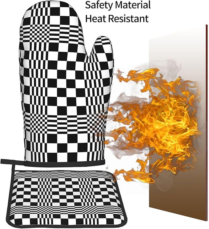 Black and White Optical Illusion Checkered Oven Mitt & Pot Holder Set (3-Piece) - Heat Resistant Non-Slip Kitchen Gloves Gift for Cooking Enthusiasts, Modern Kitchen Decor for Baking Grilling, Black - Image 7