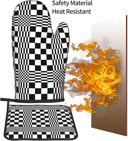 Black and White Optical Illusion Checkered Oven Mitt & Pot Holder Set (3-Piece) - Heat Resistant Non-Slip Kitchen Gloves Gift for Cooking Enthusiasts, Modern Kitchen Decor for Baking Grilling, Black - Image 7