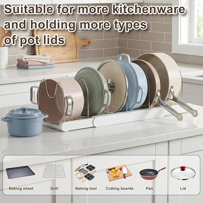 Expandable Pots and Pans Organizer Under Cabinet, 7 Stainless Steel Dividers, HIPS Base, 13-22 inch Heavy Duty Pan Rack with Lid Holder, Pot Organizer Inside Cabinet for Kitchen Storage