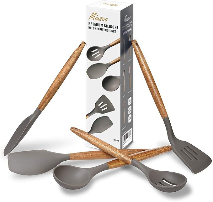 Kitchen Utensils Set, Silicone Cooking Utensils Set,Non-Stick Silicone Spatula Set with Natural Acacia Hard Wood Handle, 5 Piece, Upgraded Thickened Cookware - Image 9