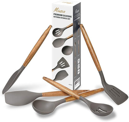 Kitchen Utensils Set, Silicone Cooking Utensils Set,Non-Stick Silicone Spatula Set with Natural Acacia Hard Wood Handle, 5 Piece, Upgraded Thickened Cookware - Image 9