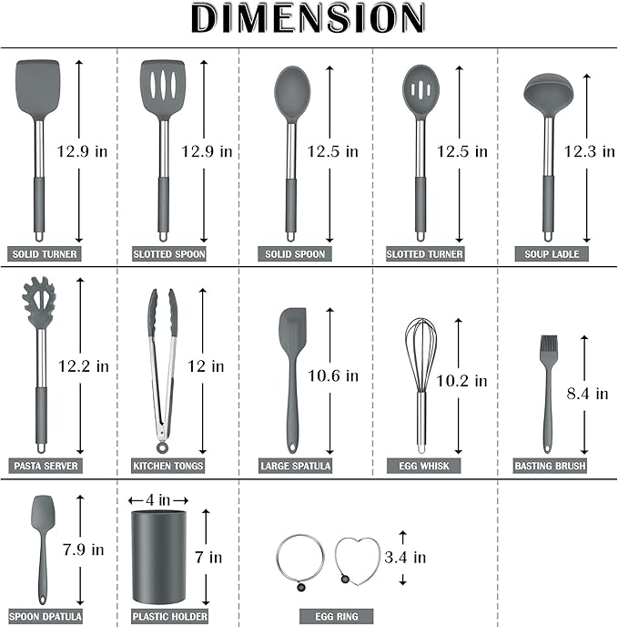 Silicone Cooking Utensils Set, E-far 14-Piece Gray Kitchen Utensils Set with Holder, Kitchen Tools Spatulas with Stainless Steel Handle for Non-stick Cookware, Heat Resistant & Dishwasher safe - Image 2