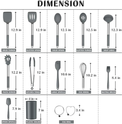 Silicone Cooking Utensils Set, E-far 14-Piece Gray Kitchen Utensils Set with Holder, Kitchen Tools Spatulas with Stainless Steel Handle for Non-stick Cookware, Heat Resistant & Dishwasher safe - Image 2