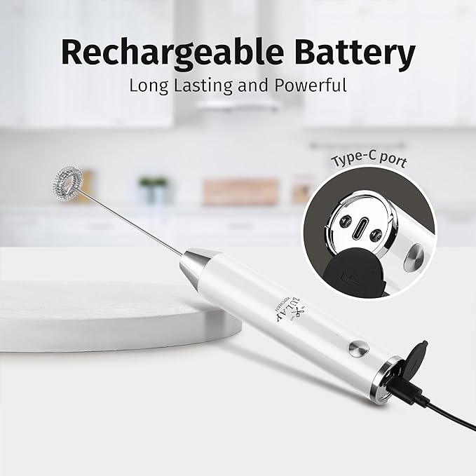 Zulay Kitchen Rechargeable Milk Frother Handheld Lux - Powerful 2-Speed Motor, Waterproof, 2000mAh Battery - Drink Mixer for Latte, Cappuccino, Matcha & Protein Powder - Snow White - Image 7