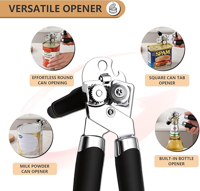 Can Opener Manual Heavy Duty - Hand Held Strong Can Openers for Seniors with Oversized Turn Knob, Soft Grip Sharp Blade, Solid Steel Hand Manual Can Open for Kitchen & Camping