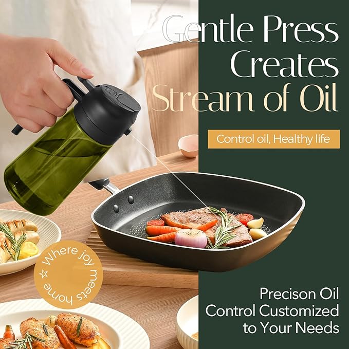 YARRAMATE 16oz/470ml Light-Blocking Dark Oil Sprayer for Cooking, 2 in 1 Olive Oil Dispenser Bottle for Kitchen, Premium Dark Green Glass Oil Bottle, Food-Grade Oil Mister for Air Fryer, BBQ (Black) - Image 4