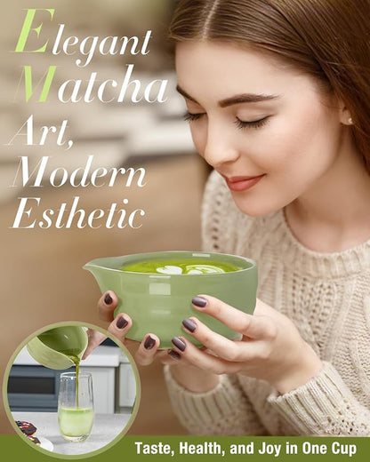 Matcha Whisk Set - 5PCS Matcha Set Includes 17OZ Chawan with Spout, Bamboo Chasen Whisk with Ceramic Holder, Matcha Scoop and Stainless Sifter, Matcha Kit for Ceremony, Gift for Matcha Lovers