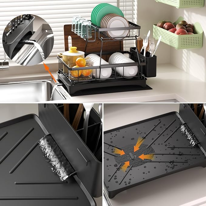 Godboat Dish Drying Rack, 2-Tier Dish Rack with Auto-Drain & Mat, Dish Racks for Kitchen Counter, Dish Drainer with Knife, Fork & Cup Rack, Gifts for Women, Mothers Day, Cool Stuff & Kitchen Gadgets - Image 6