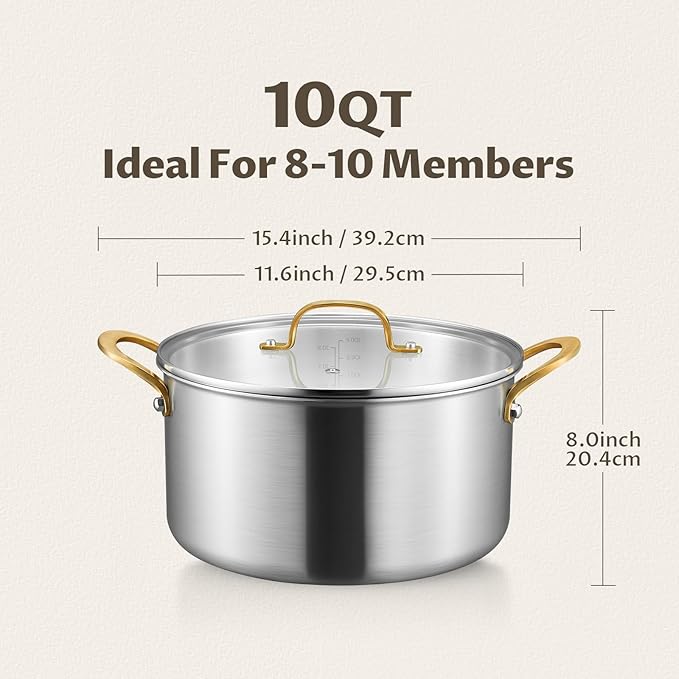 BEZIA 10 Quart 3-Ply Stainless Steel Stockpot, Soup Pot with Lid in Fully Clad Tri-Ply Stainless Steel, Even Heat Distribution, Cooking Pot with Handles, All Cooktops Compatible, Perfect for Stew - Image 2
