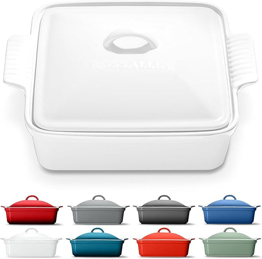 ROSSALLINI Stoneware Casserole Dish Bakeware with Lid | Covered Square Dinnerware | Medium 2 Quart, [Glossy White]