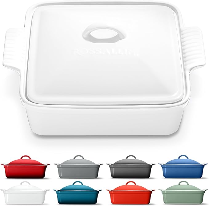 ROSSALLINI Stoneware Casserole Dish Bakeware with Lid | Covered Square Dinnerware | Large 2.5 Quart, [Glossy White]