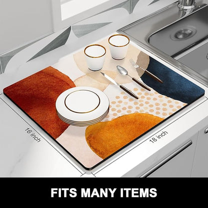 Rnivvi Dish Drying Mat for Kitchen Counter, 16 x 18" Cute Boho Theme Absorbent Heat Resistant Drying Pad with Non-slip Rubber, Coffee Bar Mats for Coffee Machine Dish Rack, Abstract Stones Art - Image 3