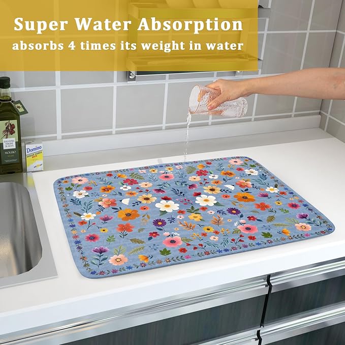 Colorful Flower Dish Drying Mat - Blue Large Floral Coffee Mat for Kitchen Counter Decor 18 X 24 - Image 7