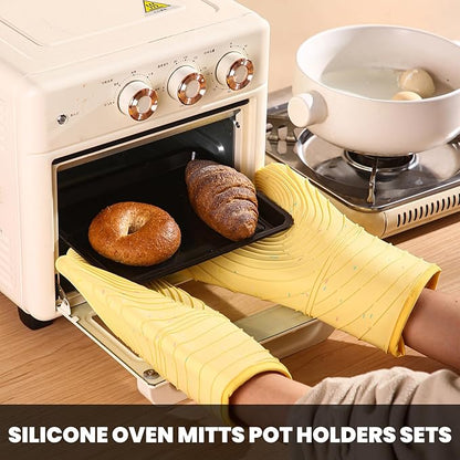 4 Pieces Oven Mitts and Pot Holders of Macaron Color Thickened Non-Slip Silicone Kitchen Gloves, Heat Resistant up to 500F, Essential for Kitchen Baking(makal-Huang) - Image 6