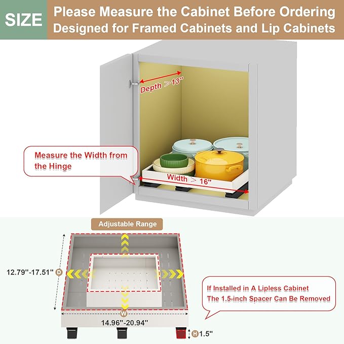Pull out Cabinet Organizer,Expandable Width(16"-21"),Depth(13"-17") with 3 Rails,Roll out Drawers,No Drill Adjustable Slide out Shelves for Kitchen,Pantry,for Both Lip and Lip-Free Cabinets,White(1PC) - Image 2