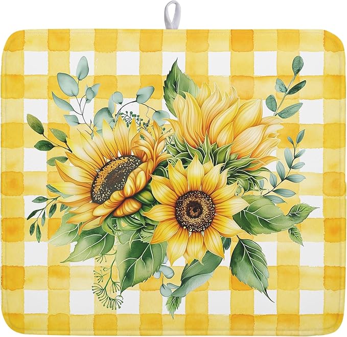 Spring Summer Dish Drying Mat 16x18 Inch Absorbent Reversible Sunflower Drying Mat Summer Sunflower Dish Drying Rack Mat Yellow Summer Themed Dish Drainer Mat for Kitchen Counter Coffee Bar