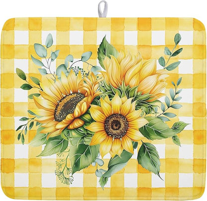 Spring Summer Dish Drying Mat 16x18 Inch Absorbent Reversible Sunflower Drying Mat Summer Sunflower Dish Drying Rack Mat Yellow Summer Themed Dish Drainer Mat for Kitchen Counter Coffee Bar