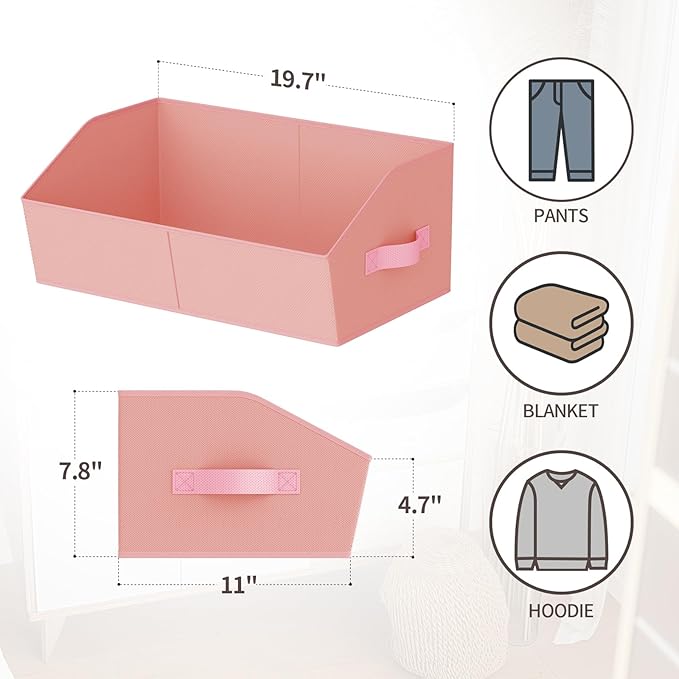 Homsorout Storage Bins for Shelves - Large Trapezoid Closet Shelf Organizer, Fabric Organization Bins with Handles, Storage Baskets for Clothes, Towel, Purse, 4 Pack, Pink - Image 2