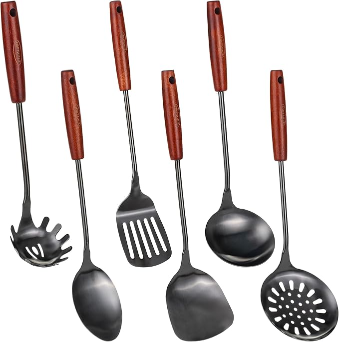 FJNATINH 304 Stainless Steel Kitchen Utensil Sets - 6 PCS Wok Spatula Sets Cooking Utensil Tools Spatula, Soup Ladle, Skimmer Spoon, Slotted Spatula Tunner, Spaghetti Spoon, Large Spoon by HOMEKITCHENTOOL