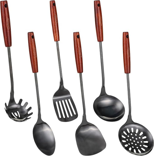 FJNATINH 304 Stainless Steel Kitchen Utensil Sets - 6 PCS Wok Spatula Sets Cooking Utensil Tools Spatula, Soup Ladle, Skimmer Spoon, Slotted Spatula Tunner, Spaghetti Spoon, Large Spoon by HOMEKITCHENTOOL
