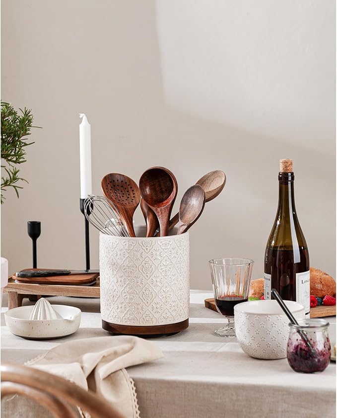Kitchen Utensil Holder, 360° Rotating Extra Large Ceramic Utensil Holder with Embossed Pattern, 7.3” Cooking Utensil Crocks for Kitchen Countertop, Home Decor, Off-White - Image 8