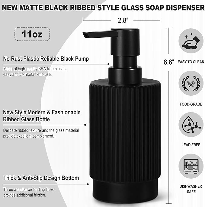 VIMERPA Hand and Dish Soap Dispenser Set for Kitchen, 2 Pack 11 fl oz Matte Black Ribbed Glass Soap and Lotion Dispensers Sets with Pump for Bathroom, Modern Refillable Liquid Soap Pump Bottle