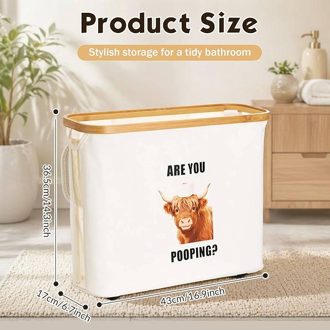Toilet Paper Basket with Lid & Bamboo Handle, Highland Cow are You Pooping Toilet Paper Storage Holder Waterproof Oxford Bathroom Organizer, Free Standing Tissue Holder for 9-12 Rolls