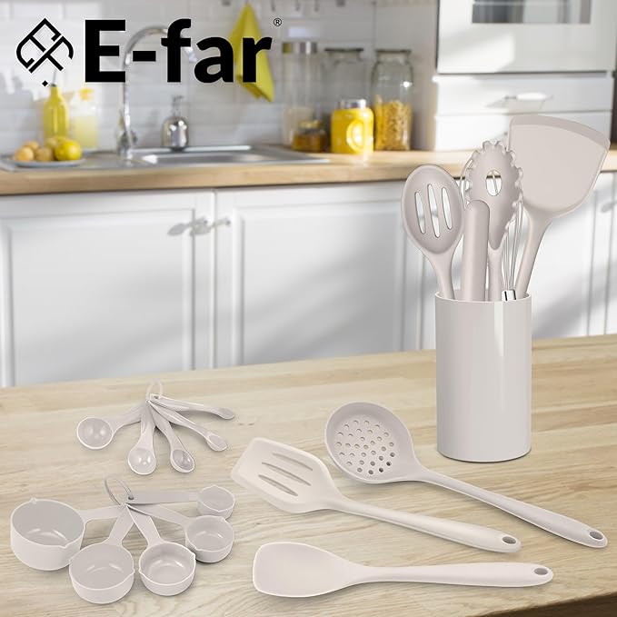E-far Silicone Cooking Utensils Set, 24Pcs Heat Resistant Kitchen Utensil with Holder, Silicone Kitchen Tools with Spatula Turner Spoon Tongs Whisk, Non-Toxic & Dishwasher Safe (Khaki) - Image 7