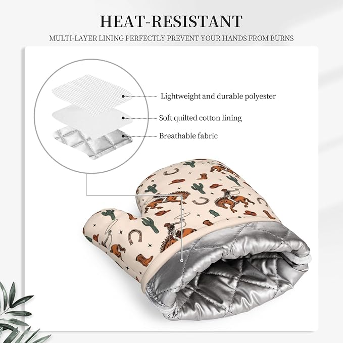 Western Cactus Cowboy Boho Silicone Oven Mitts Pan Mats Set of 2, Heat Resistant Gloves Potholder with Non-Slip Grips Hanging Loops Pot Holder, Spring Summer for Chef Cooking, Baking, Grilling, BBQ