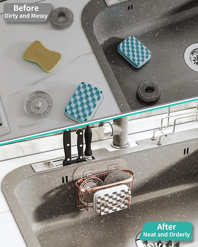 HapiRm Multifunctional Sink Sponge Holder with Unique M-Shaped, 2 Installation Ways Kitchen Sink Caddy, Stainless Steel Kitchen Organizer for Sponge, Brush and Scraper - Rose Gold - Image 7