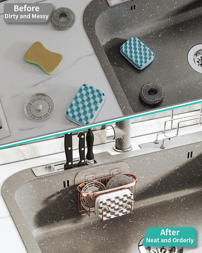HapiRm Multifunctional Sink Sponge Holder with Unique M-Shaped, 2 Installation Ways Kitchen Sink Caddy, Stainless Steel Kitchen Organizer for Sponge, Brush and Scraper - Rose Gold - Image 7