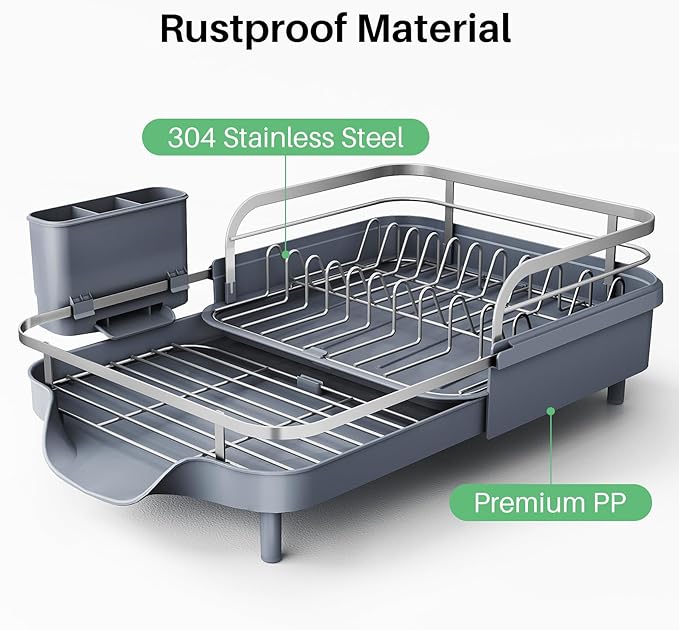 SNTD Dish Drying Rack, Expandable Dish Rack for Kitchen Counter, Stainless Steel Dish Drainer with Drainboard Set and Utensil Holder (Gray) - Image 4