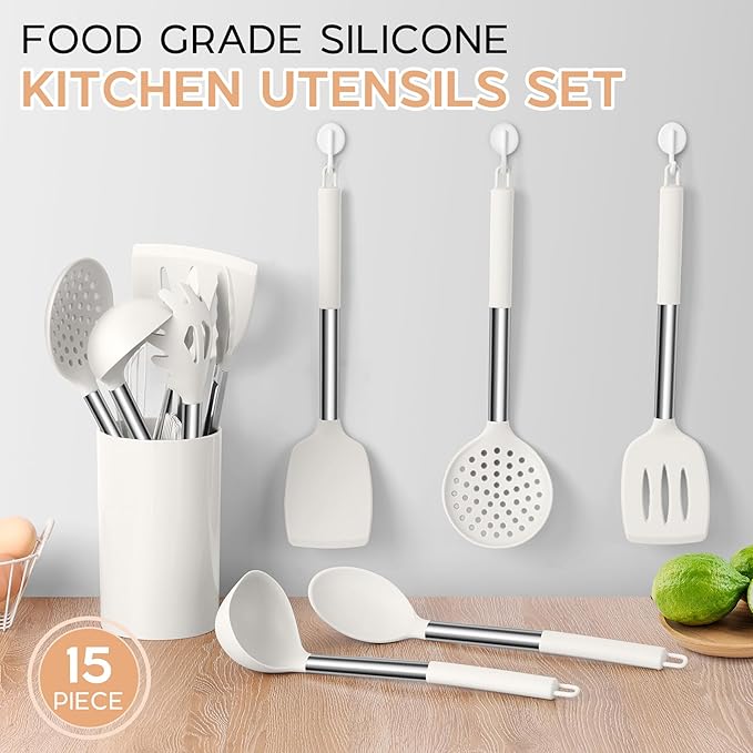 Onader Silicone Kitchen Utensils Set, 15pcs White Silicone Cooking Utensils Set with Holder, Includes Heat Resistant Spatula Turner Spoon Whisk Tong - Image 3